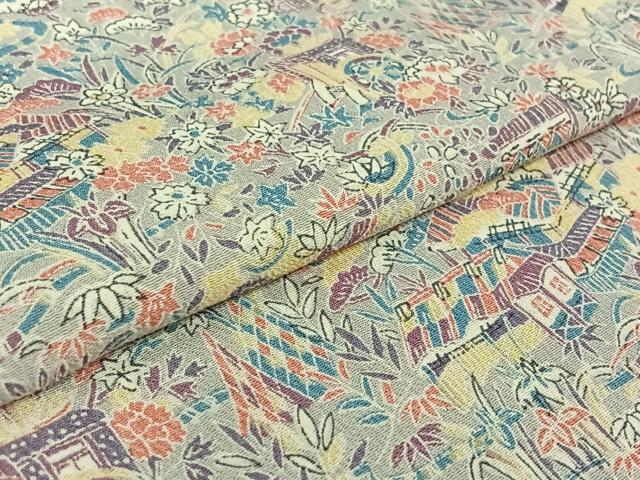 平和屋着物▽上質な小紋 単衣 風景花文 正絹 逸品 AABF6766jh