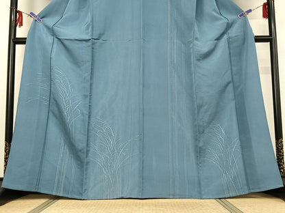 平和屋着物▽訪問着 単衣 草葉文 銀通し地 正絹 逸品 AABF6769jh