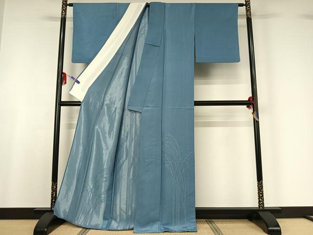 平和屋着物▽訪問着 単衣 草葉文 銀通し地 正絹 逸品 AABF6769jh