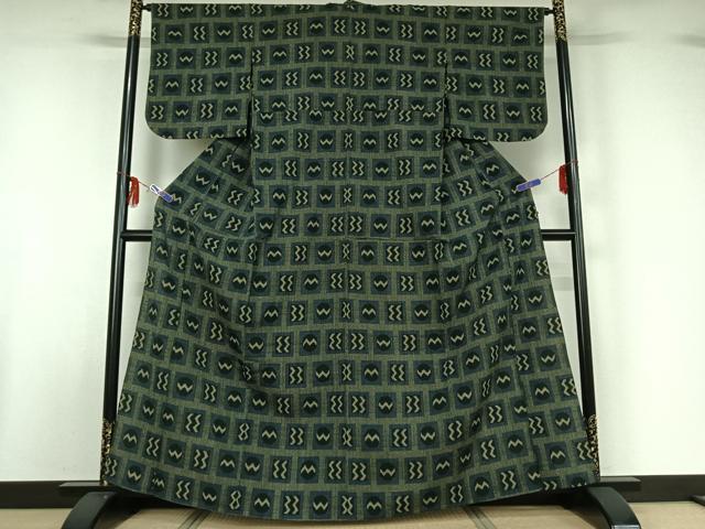平和屋着物▽本塩沢 単衣 幾何学文様 正絹 逸品 AABF6770jh