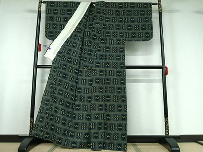 平和屋着物▽本塩沢 単衣 幾何学文様 正絹 逸品 AABF6770jh
