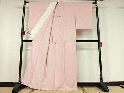 平和屋着物▽上質な色無地 単衣 石畳地紋 薄桜色 正絹 逸品 AABF6771jh