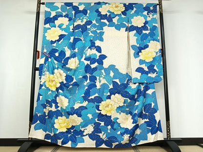 平和屋着物▽豪華振袖 単衣 駒刺繍 草花文 暈し染め 金彩 正絹 逸品 AABF6776jh
