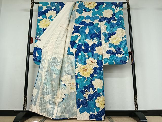 平和屋着物▽豪華振袖 単衣 駒刺繍 草花文 暈し染め 金彩 正絹 逸品 AABF6776jh