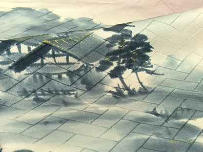 平和屋着物▽訪問着 単衣 手描き 風景文 暈し染め 金彩 正絹 逸品 AABF6780jh