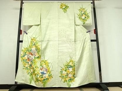 平和屋着物▽訪問着　単衣　扇面花文　暈し染め　金彩　正絹　逸品　AABF6782jh