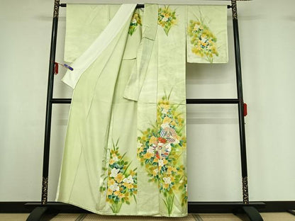 平和屋着物▽訪問着　単衣　扇面花文　暈し染め　金彩　正絹　逸品　AABF6782jh