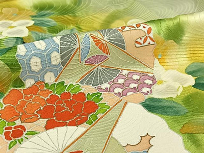 平和屋着物▽訪問着　単衣　扇面花文　暈し染め　金彩　正絹　逸品　AABF6782jh
