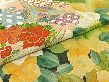 平和屋着物▽訪問着　単衣　扇面花文　暈し染め　金彩　正絹　逸品　AABF6782jh