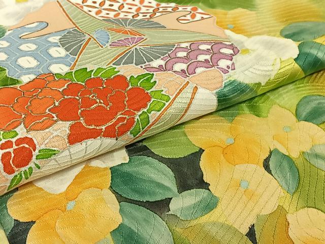 平和屋着物▽訪問着　単衣　扇面花文　暈し染め　金彩　正絹　逸品　AABF6782jh