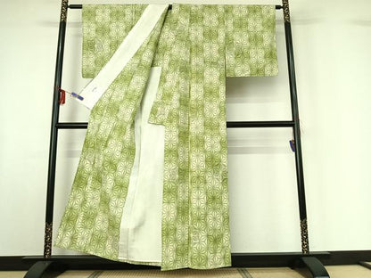 平和屋着物▽上質な紬 単衣 麻の葉文様 暈し染め 正絹 逸品 AABF6785jh