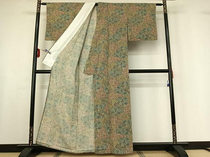 平和屋着物▽上質な小紋 単衣 切嵌更紗花文 正絹 逸品 AABF6789jh