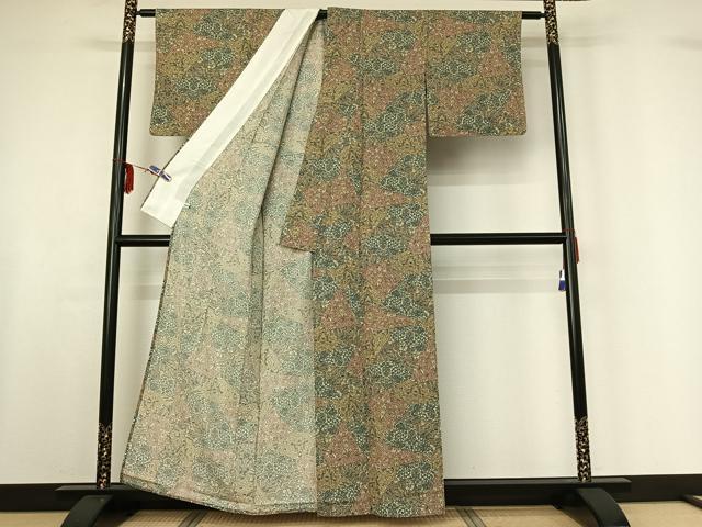 平和屋着物▽上質な小紋 単衣 切嵌更紗花文 正絹 逸品 AABF6789jh