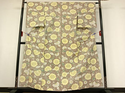 平和屋着物▽上質な紬 単衣 草花文 正絹 逸品 AABF6790jh