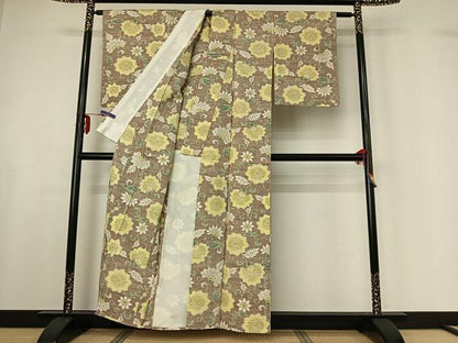 平和屋着物▽上質な紬 単衣 草花文 正絹 逸品 AABF6790jh