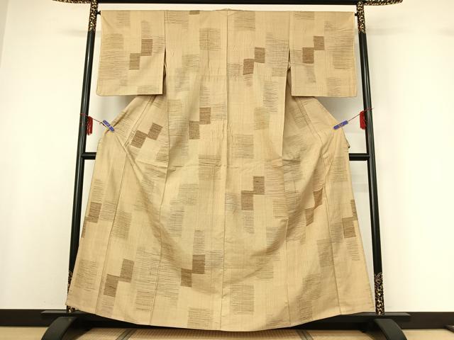 平和屋着物▽上質な紬　単衣　幾何学文様　正絹　逸品　AABF6793jh