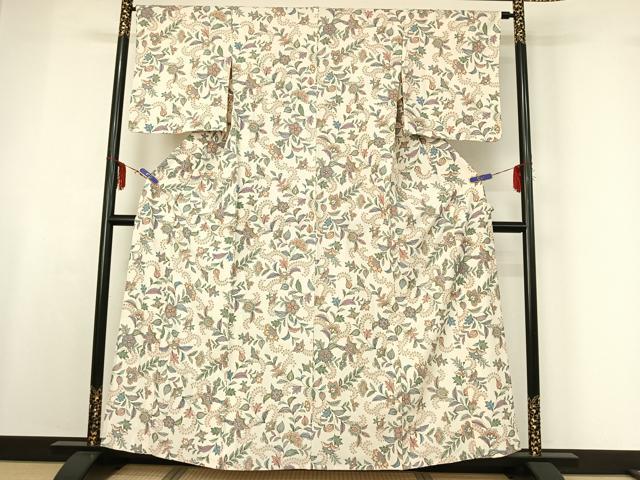 平和屋着物▽上質な小紋 単衣 更紗花文 金彩 正絹 逸品 未使用 AABF6800jh