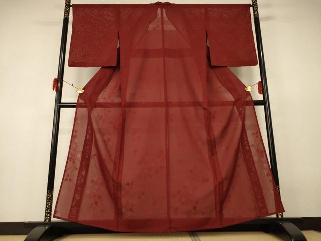 平和屋着物＊夏物　色無地　絽　枝葉紋紗　栗梅色　正絹　逸品　AABF6807jd