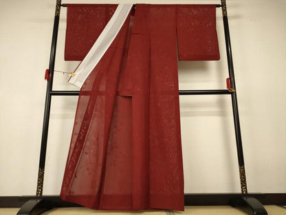 平和屋着物＊夏物　色無地　絽　枝葉紋紗　栗梅色　正絹　逸品　AABF6807jd