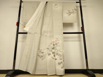 平和屋着物＊夏物 訪問着 生紬 手描き 流水草花文 正絹 逸品 AABF6808jd