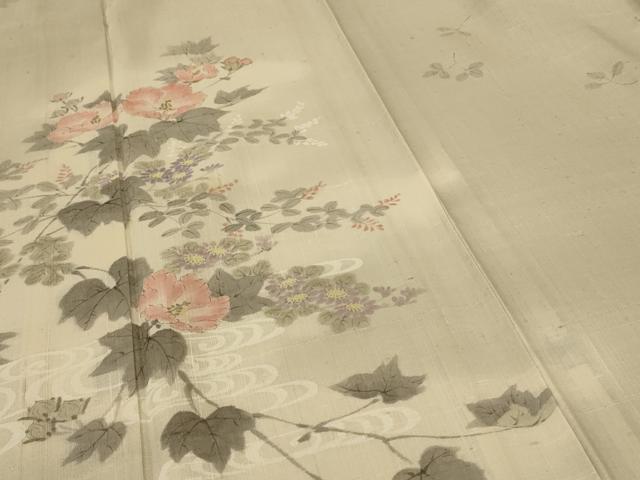 平和屋着物＊夏物 訪問着 生紬 手描き 流水草花文 正絹 逸品 AABF6808jd