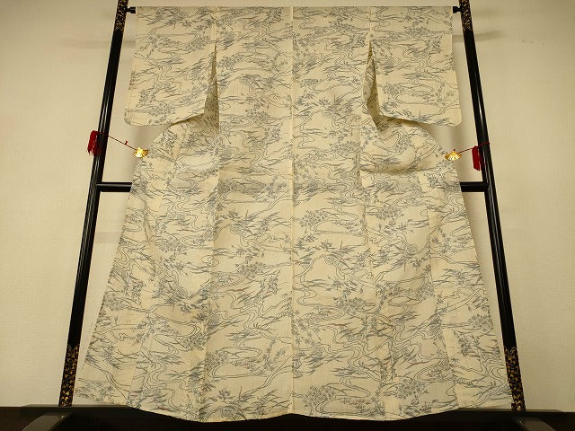 平和屋着物＊夏物 小千谷ちぢみ 流水草花文 麻 逸品 AABF6816jd