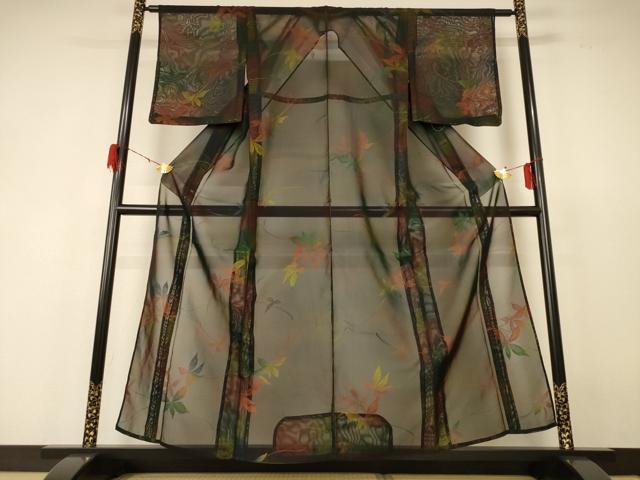 平和屋着物＊夏物 小紋 紗 枝葉文 正絹 逸品 未使用 AABF6824jd