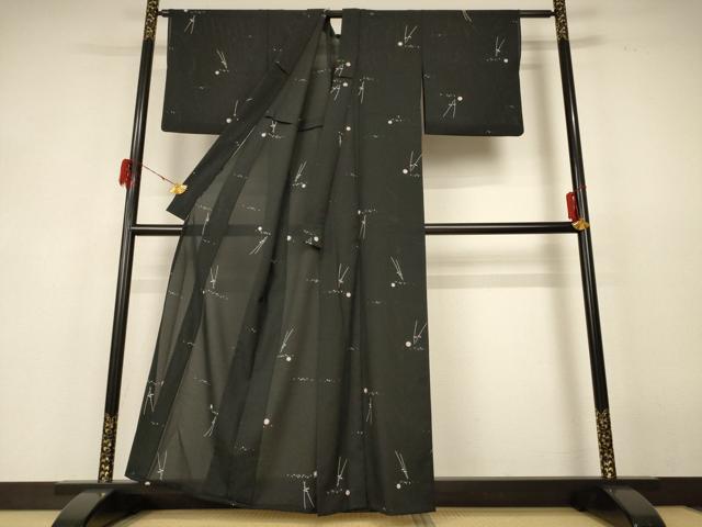 平和屋着物＊夏物 小紋 絽 竹馬 毬 黒地 洗える着物 AABF6835jd