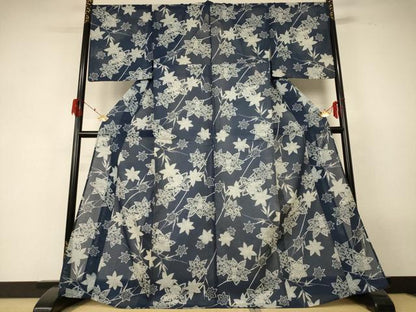 平和屋着物＊夏物 小紋 綿紅梅 浴衣兼用 藍 枝葉文 綿 逸品 AABF6840jd