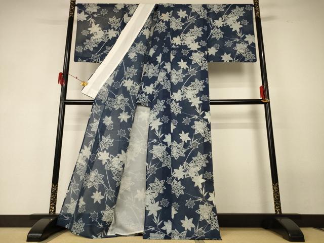 平和屋着物＊夏物 小紋 綿紅梅 浴衣兼用 藍 枝葉文 綿 逸品 AABF6840jd
