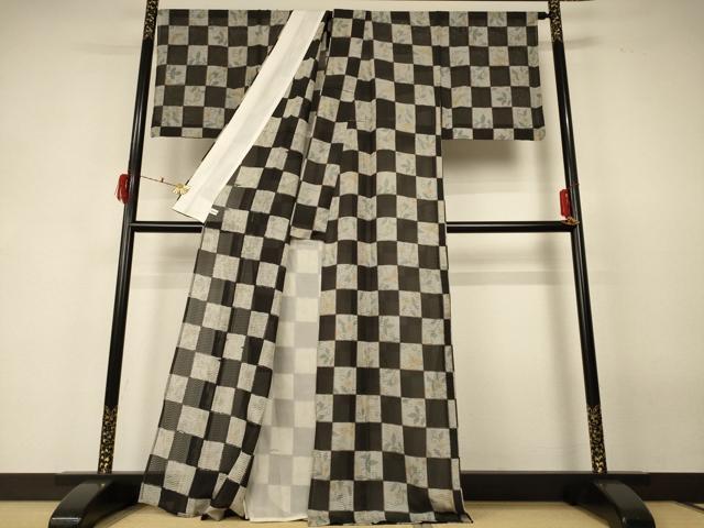 平和屋着物＊夏物 小紋 市松花鳥紋紗 正絹 逸品 AABF6849jd