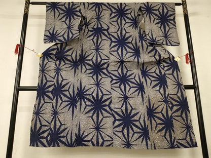 平和屋着物＊夏物 小紋 藍 麻の葉文 綿 AABF6855jd