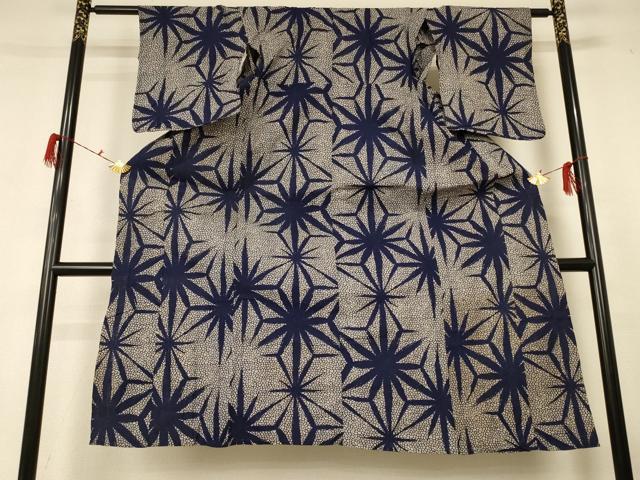 平和屋着物＊夏物 小紋 藍 麻の葉文 綿 AABF6855jd