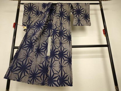 平和屋着物＊夏物 小紋 藍 麻の葉文 綿 AABF6855jd