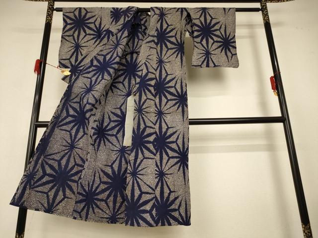 平和屋着物＊夏物 小紋 藍 麻の葉文 綿 AABF6855jd