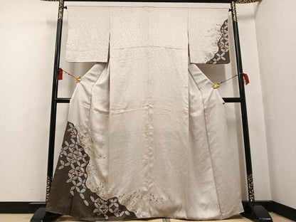 平和屋着物●訪問着 絞り 刺繍 草花文 金糸 正絹 逸品 AABF6923ph