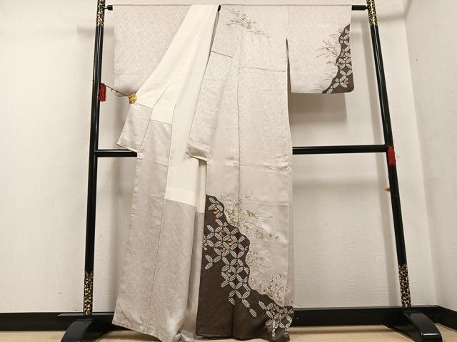 平和屋着物●訪問着 絞り 刺繍 草花文 金糸 正絹 逸品 AABF6923ph