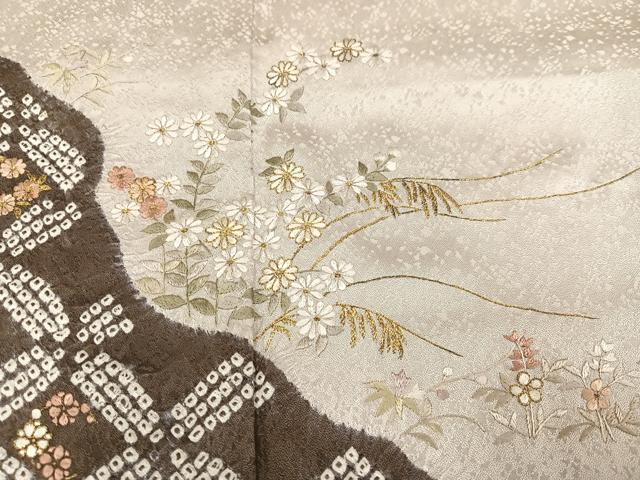 平和屋着物●訪問着 絞り 刺繍 草花文 金糸 正絹 逸品 AABF6923ph