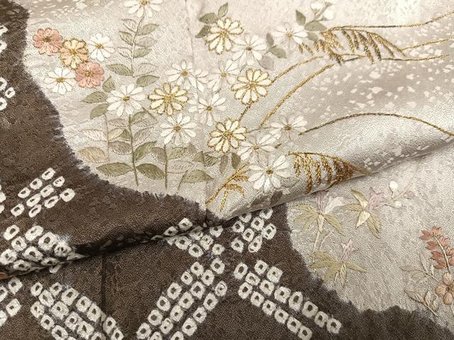平和屋着物●訪問着 絞り 刺繍 草花文 金糸 正絹 逸品 AABF6923ph