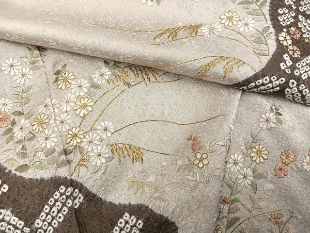 平和屋着物●訪問着 絞り 刺繍 草花文 金糸 正絹 逸品 AABF6923ph