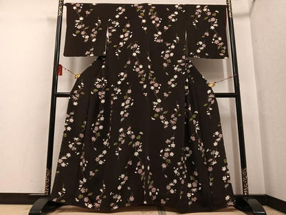平和屋着物●上質な小紋 草花文 金彩 鬼しぼ縮緬 正絹 逸品 AABF6926ph