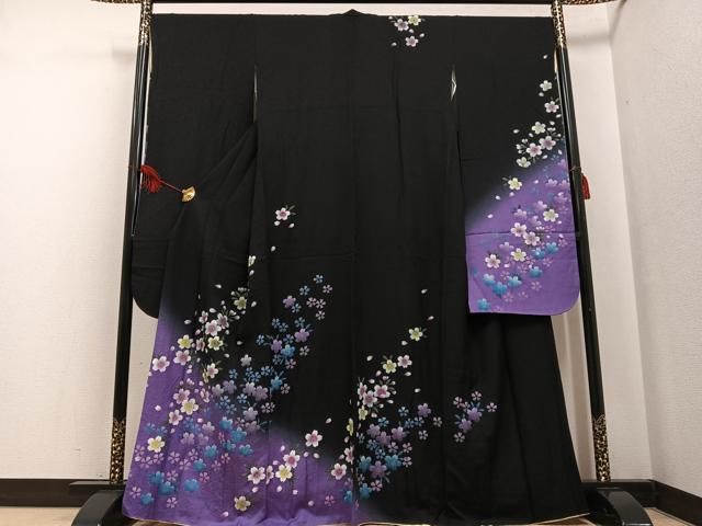 平和屋着物●豪華振袖 手描き 夜桜 暈し染め 黒地 正絹 逸品 AABF6931ph