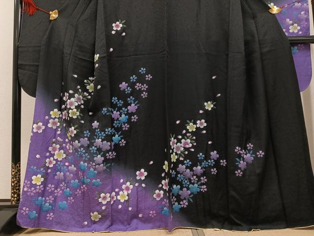平和屋着物●豪華振袖 手描き 夜桜 暈し染め 黒地 正絹 逸品 AABF6931ph