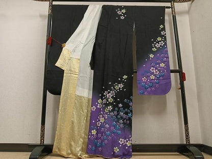 平和屋着物●豪華振袖 手描き 夜桜 暈し染め 黒地 正絹 逸品 AABF6931ph
