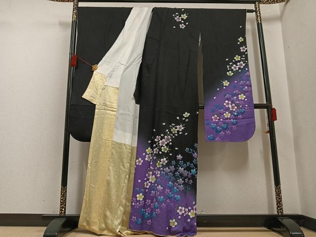 平和屋着物●豪華振袖 手描き 夜桜 暈し染め 黒地 正絹 逸品 AABF6931ph