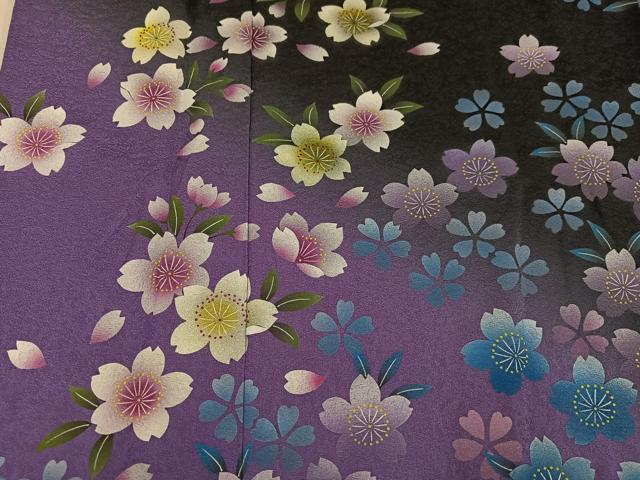 平和屋着物●豪華振袖 手描き 夜桜 暈し染め 黒地 正絹 逸品 AABF6931ph