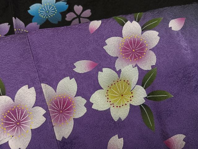 平和屋着物●豪華振袖 手描き 夜桜 暈し染め 黒地 正絹 逸品 AABF6931ph