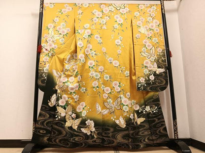 平和屋着物●豪華振袖 駒刺繍 流水花蝶文 暈し染め 金彩 正絹 逸品 AABF6932ph