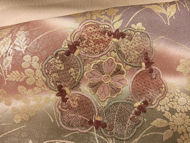 平和屋着物●訪問着 中国三大刺繍 スワトウ刺繍 汕頭刺繍 草花文 暈し染め 金彩 正絹 逸品 AABF6936ph