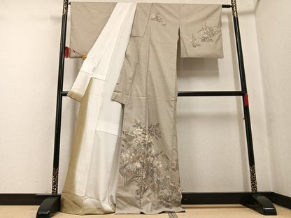 平和屋着物●本場大島紬 訪問着 白大島 カタス9マルキ 草花文 正絹 逸品 AABF6939ph